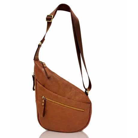 Brown leather sling bag with a reflective surface on a white background - okotoks hc pharmacy