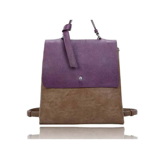 Purple and brown leather backpack on a white background - okotoks hc pharmacy