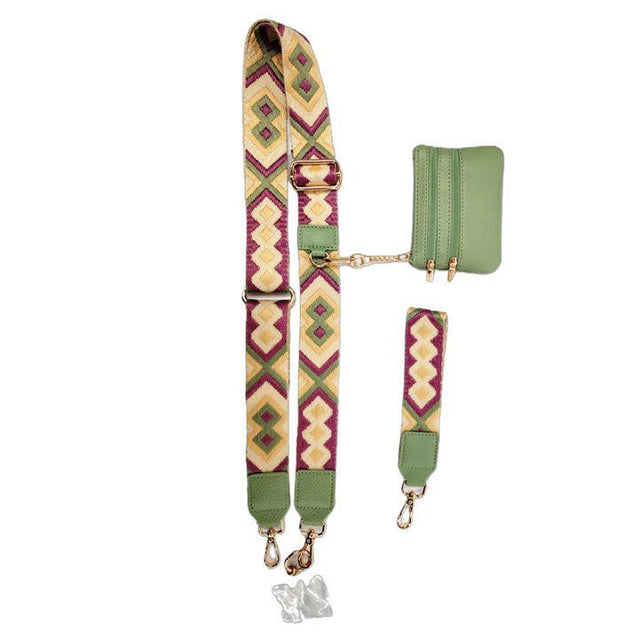 A multicolor geometric patterned shoulder strap set with a matching green pouch and two green leather loops, displayed on a clean white background. - okotoks hc pharmacy