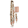 A matching crossbody bag set featuring a patterned woven strap with beige, brown, and black geometric designs, paired with a blush pink leather crossbody bag and matching pouch. - okotoks hc pharmacy