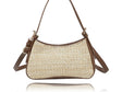 A woven straw shoulder bag with brown leather trim and straps, shown against a plain white background with a subtle reflection. - okotoks hc pharmacy