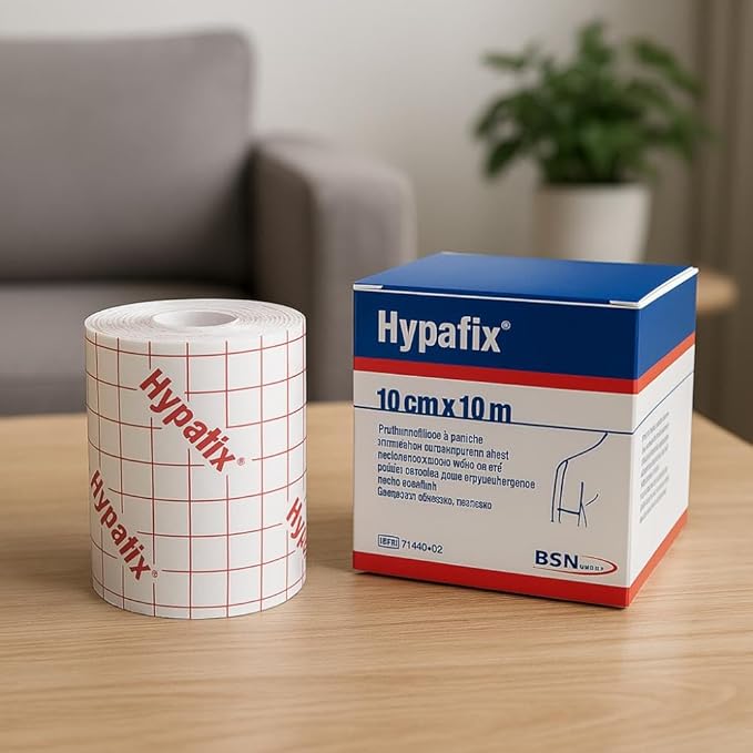 Hypafix bandage roll and packaging on a table with a blurred background - okotoks hc pharmacy