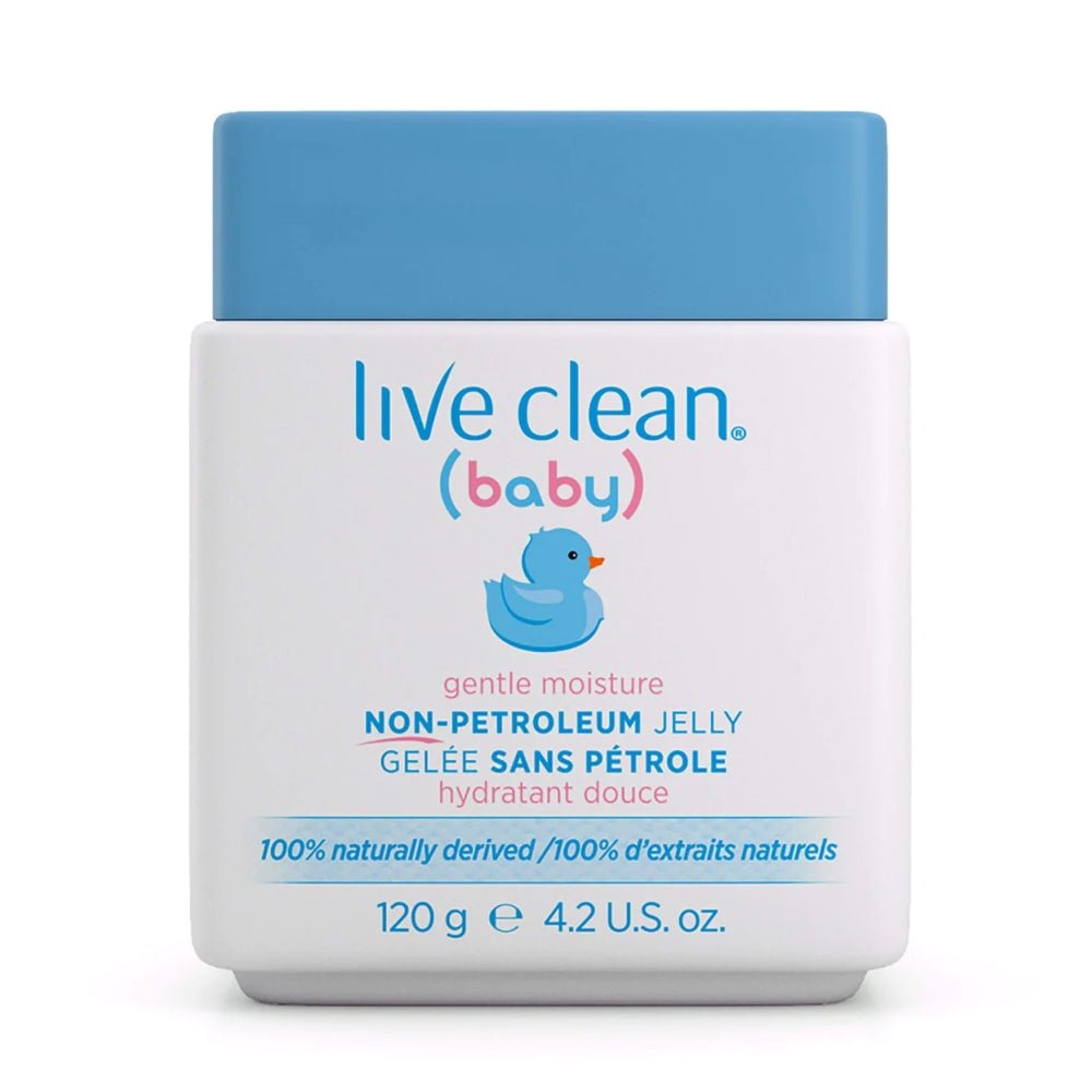 Jar of 'live clean baby' non-petroleum jelly with blue lid on a white background - okotoks hc pharmacy