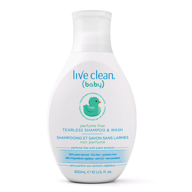 Baby shampoo and wash bottle labeled 'live clean (baby)' on a white background - okotoks hc pharmacy