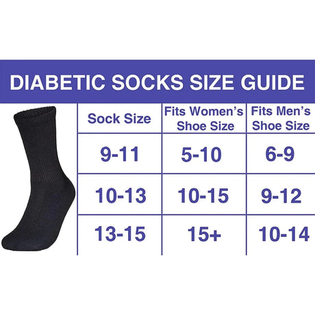 Diabetic socks size guide with a black sock on a white background - okotoks hc pharmacy