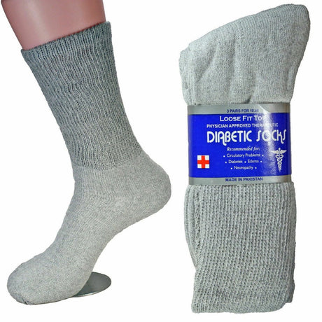 Gray diabetic socks with a label on a white background - okotoks hc pharmacy