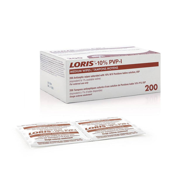 Box of LORIS 10% PVP-I antiseptic wipes on a white background - okotoks hc pharmacy