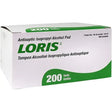 Box of LORIS antiseptic isopropyl alcohol pads with green and white design.