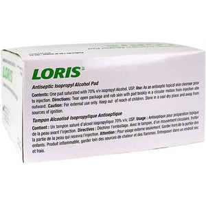 Box of LORIS antiseptic isopropyl alcohol pad with text on a white background