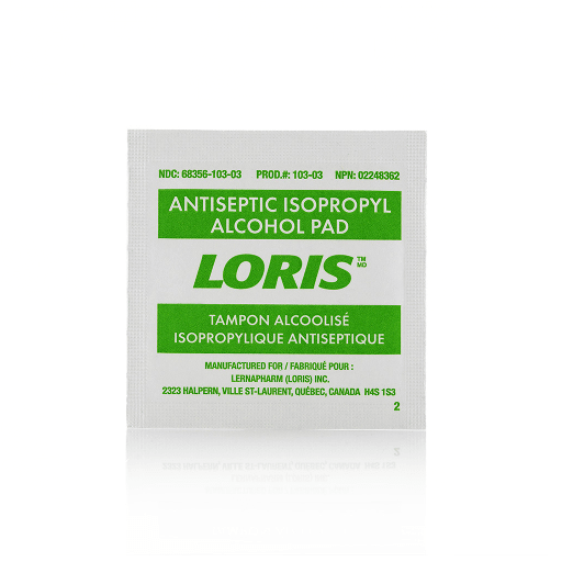 Antiseptic isopropyl alcohol pad packaging with LORIS branding on a white background - okotoks hc pharmacy