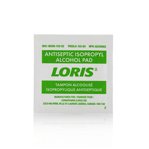Antiseptic isopropyl alcohol pad packaging with LORIS branding on a white background - okotoks hc pharmacy