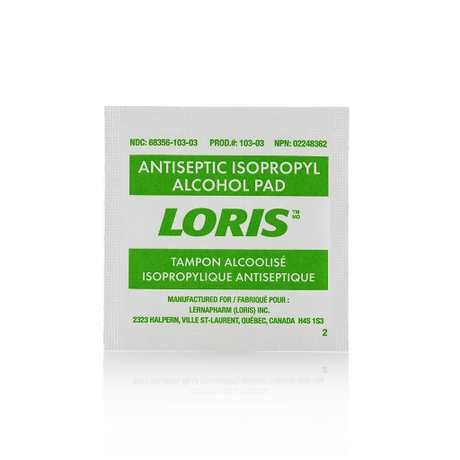 Antiseptic isopropyl alcohol pad packaging with LORIS branding on a white background - okotoks hc pharmacy