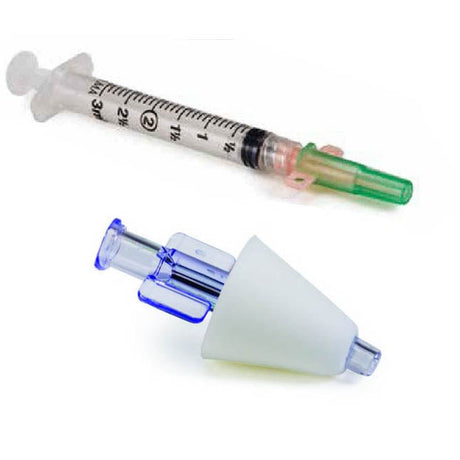 Medical syringe with a needle and attached hub on a white background - okotoks hc pharmacy