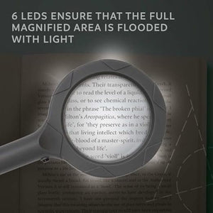 Magnifying glass with text about LEDs on a blurred book background - okotoks hc pharmacy