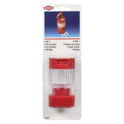 Red pill crusher with packaging on a white background - okotoks hc pharmacy