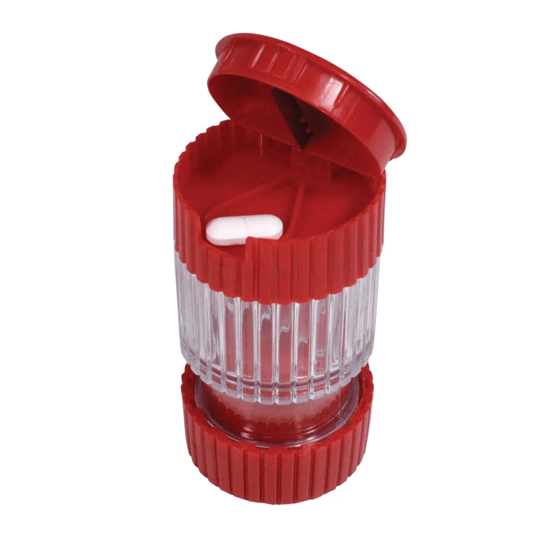 Red and clear plastic container with a lid on a white background - okotoks hc pharmacy