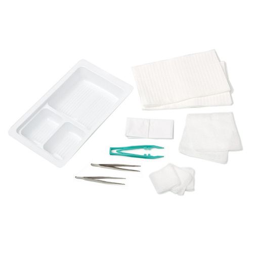 Collection of medical supplies including gauze, tweezers, and a tray on a white background - okotoks hc pharmacy
