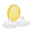 Yellow and white Medela breast pump parts on a white background - okotoks hc pharmacy