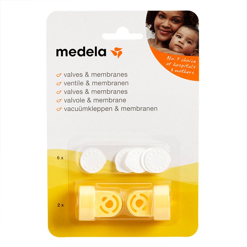 Medela valve and membrane package with a woman holding a baby on a white background - okotoks hc pharmacy