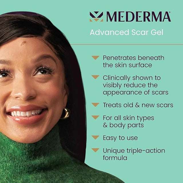 Advertisement for Mederma Advanced Scar Gel featuring a woman with a scar on her face. - okotoks hc pharmacy