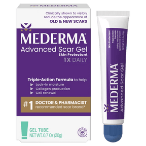Mederma Advanced Scar Gel packaging and tube on a white background - okotoks hc pharmacy