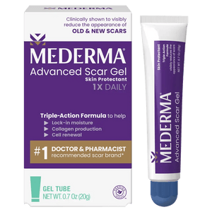 Mederma Advanced Scar Gel packaging and tube on a white background - okotoks hc pharmacy