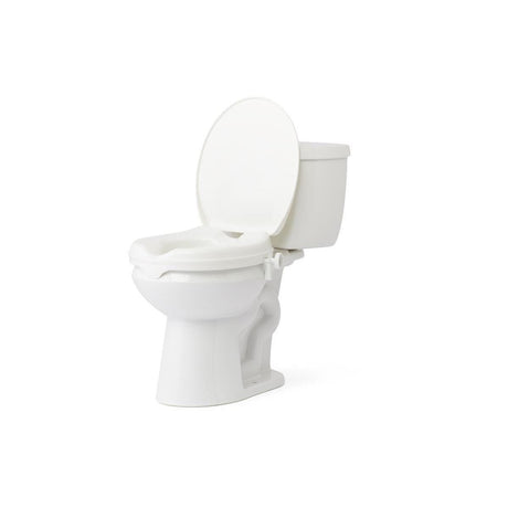 A white ceramic toilet with the lid open, shown from a three-quarter angle on a plain white background. - okotoks hc pharmacy