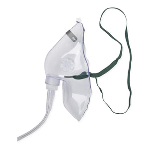 Clear plastic oxygen mask with a green strap on a white background - okotoks hc pharmacy 