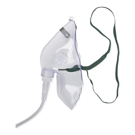 Clear plastic oxygen mask with a green strap on a white background - okotoks hc pharmacy 