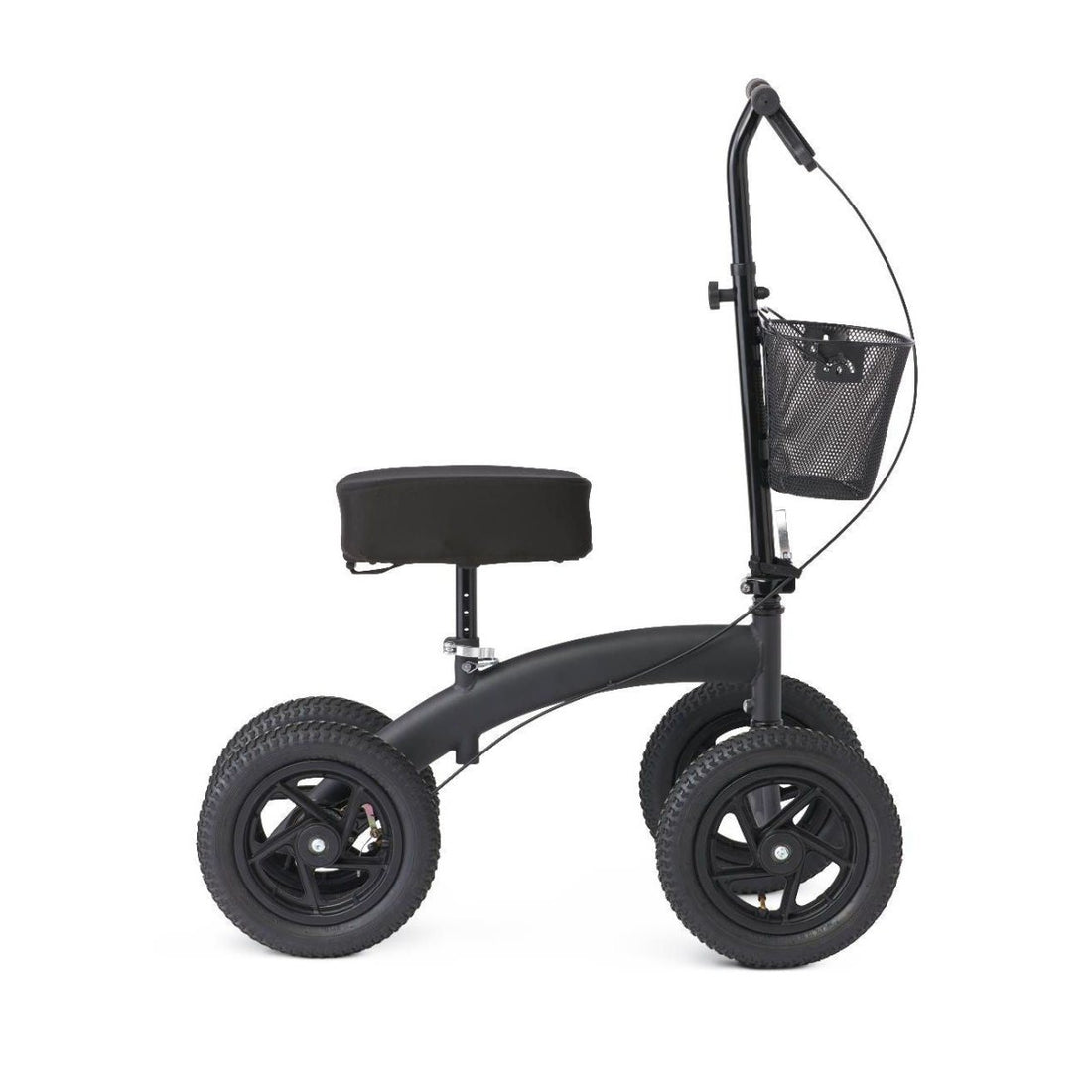 Black knee walker with a seat and basket on a white background - okotoks hc pharmacy