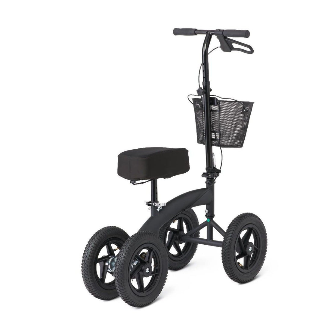 Black knee scooter with a basket on a white background - okotoks hc pharmacy