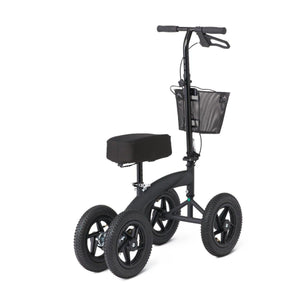 Black knee scooter with a basket on a white background - okotoks hc pharmacy