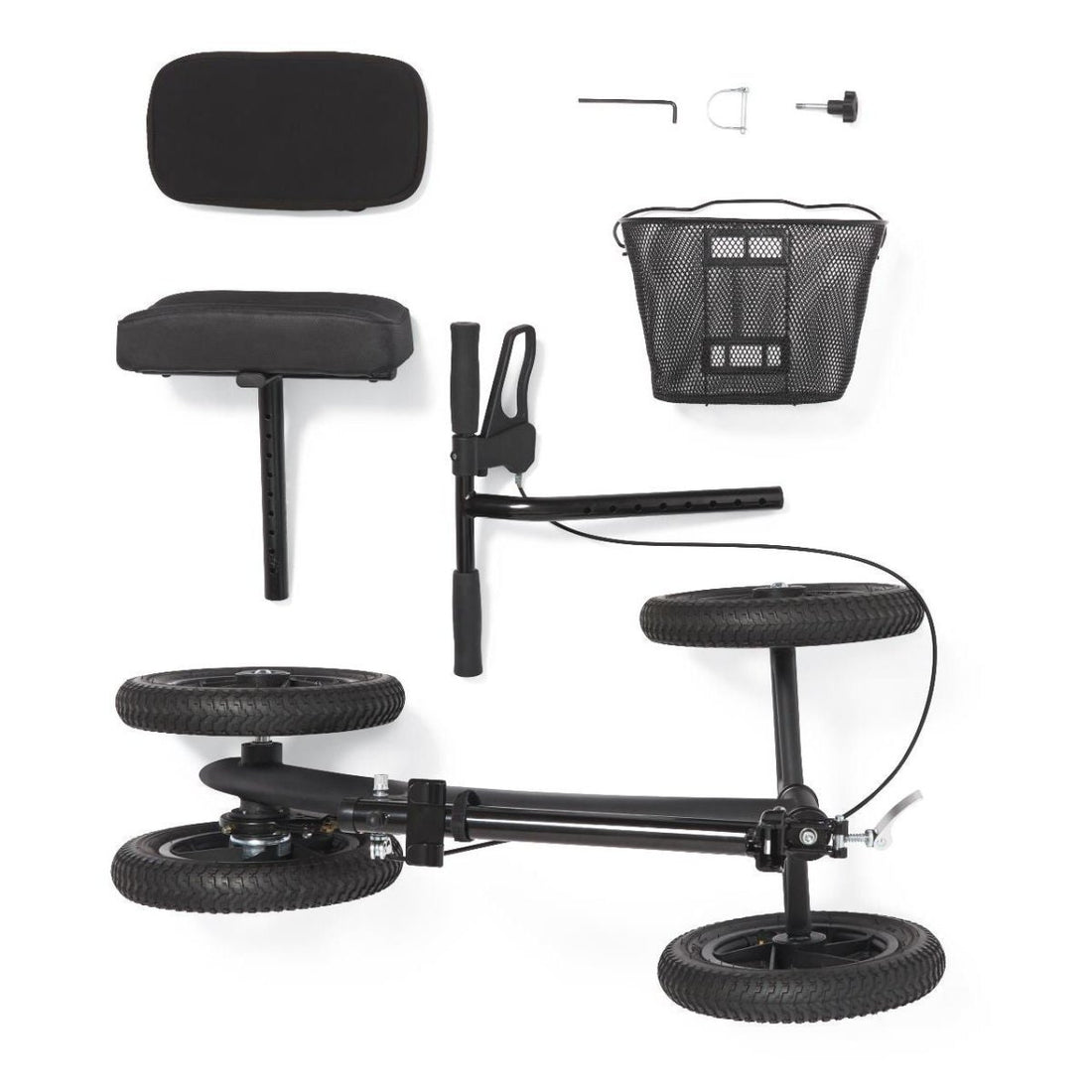 Black scooter with various attachments on a white background - okotoks hc pharmacy
