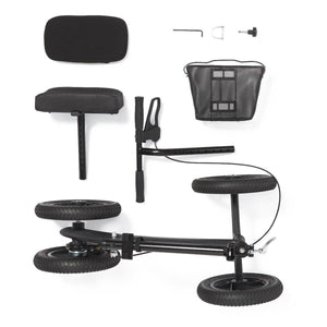 Black scooter with various attachments on a white background - okotoks hc pharmacy