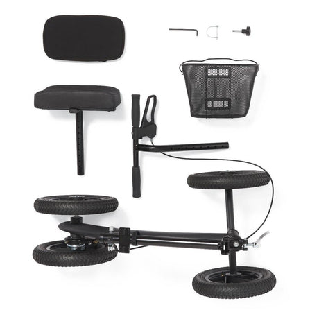 Black scooter with various attachments on a white background - okotoks hc pharmacy