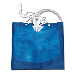 Blue urinary catheter bag with clear plastic bag and white tubing on a white background - okotoks hc pharmacy