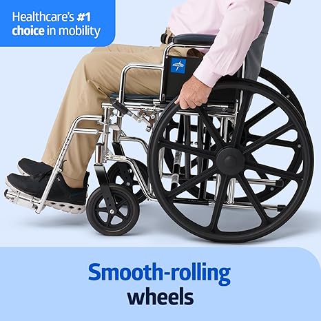 Person using a wheelchair with smooth-rolling wheels on a light blue background - okotoks hc pharmacy