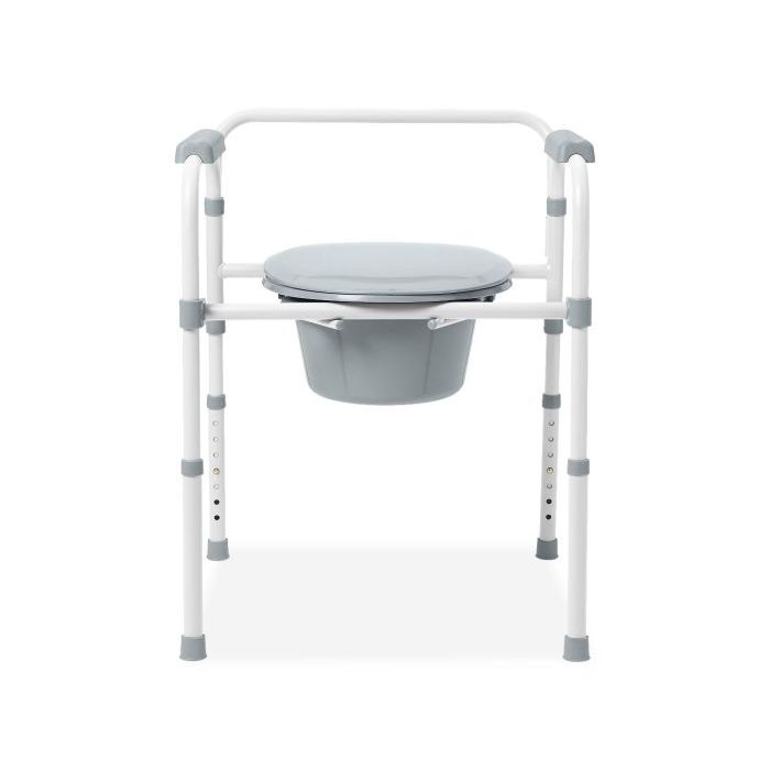 Gray commode chair with adjustable legs on a white background - okotoks hc pharmacy