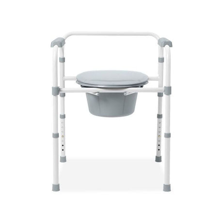 Gray commode chair with adjustable legs on a white background - okotoks hc pharmacy
