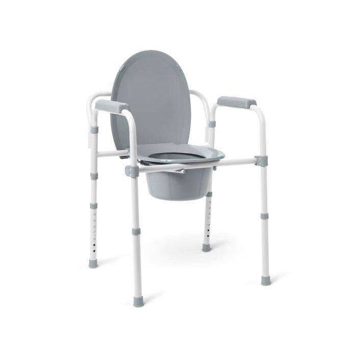 Gray commode chair with white frame on a white background - okotoks hc pharmacy