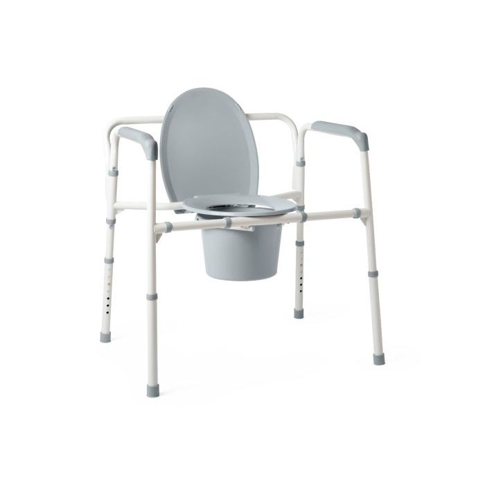 Gray commode chair with metal frame on a white background - okotoks hc pharmacy