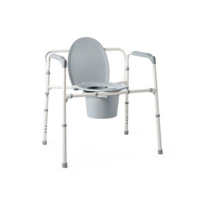Gray commode chair with metal frame on a white background - okotoks hc pharmacy