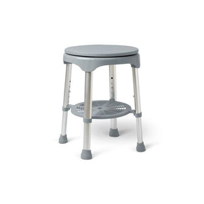 Gray shower stool with a seat and footrest on a white background - okotoks hc pharmacy