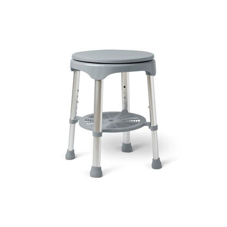 Gray shower stool with a seat and footrest on a white background - okotoks hc pharmacy