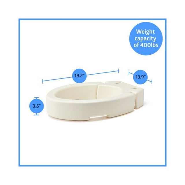 White toilet seat with measurements and weight capacity label on a white background. - okotoks hc pharmacy