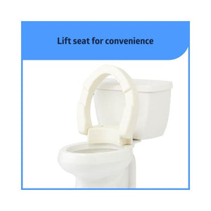 White toilet with a raised seat on a white background, labeled 'Lift seat for convenience'. - okotoks hc pharmacy