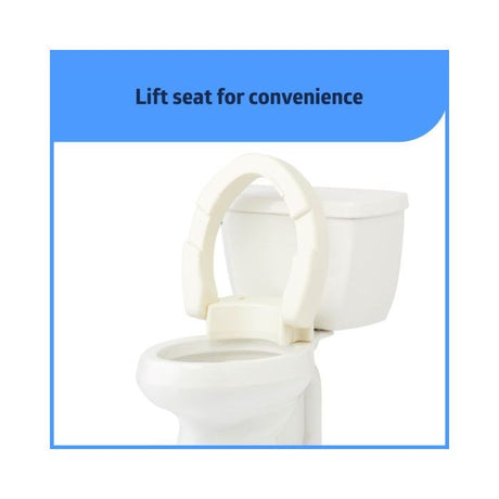 White toilet with a raised seat on a white background, labeled 'Lift seat for convenience'. - okotoks hc pharmacy