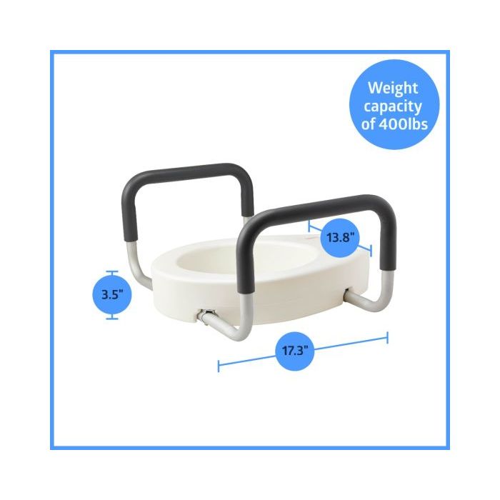 White toilet seat with black handle and measurements on a white background - okotoks hc pharmacy
