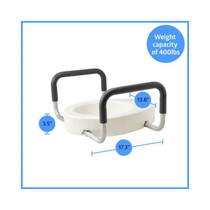 White toilet seat with black handle and measurements on a white background - okotoks hc pharmacy