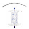 A Medline fluid collection bag with dual purple-tipped connectors and measurement markings, shown with a curved clear tubing piece above it on a white background. - okotoks hc pharmacy